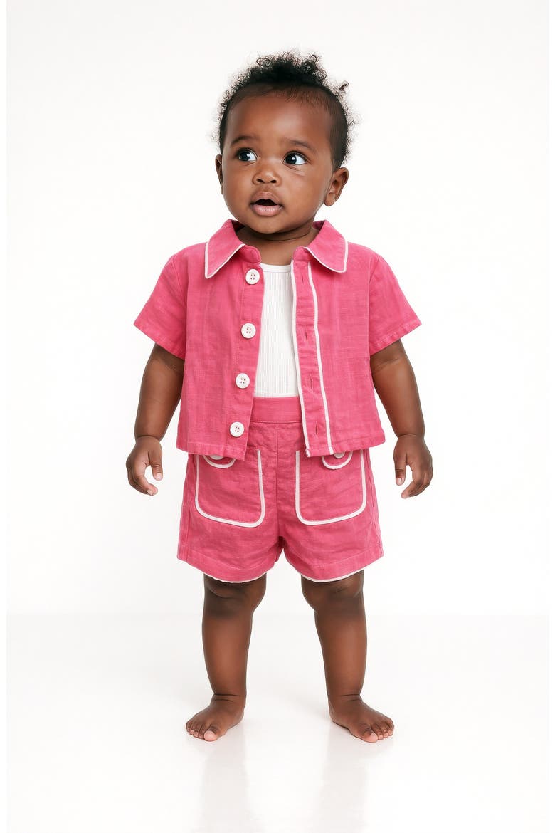 Contrast Piping Cotton Button-Up Shirt & Shorts Set, Alternate, color, PINK