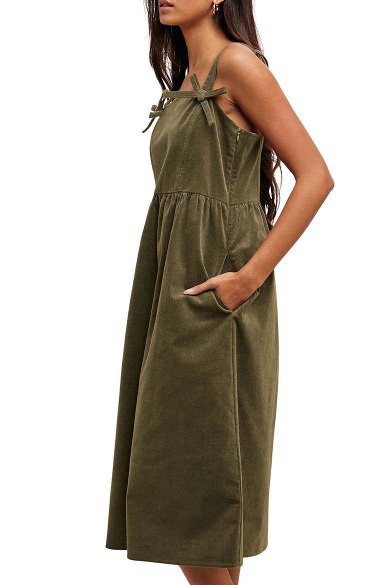 Corduroy Bow Strap Overalls Midi Dress, Alternate, color, OLIVE