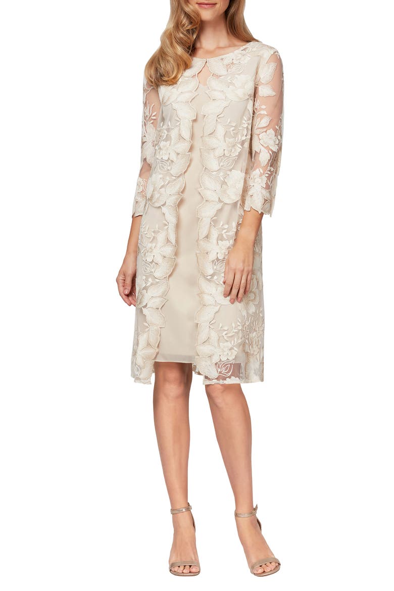 Embroidered Lace Mock Jacket Cocktail Dress, Main, color, CHAI/ IVORY