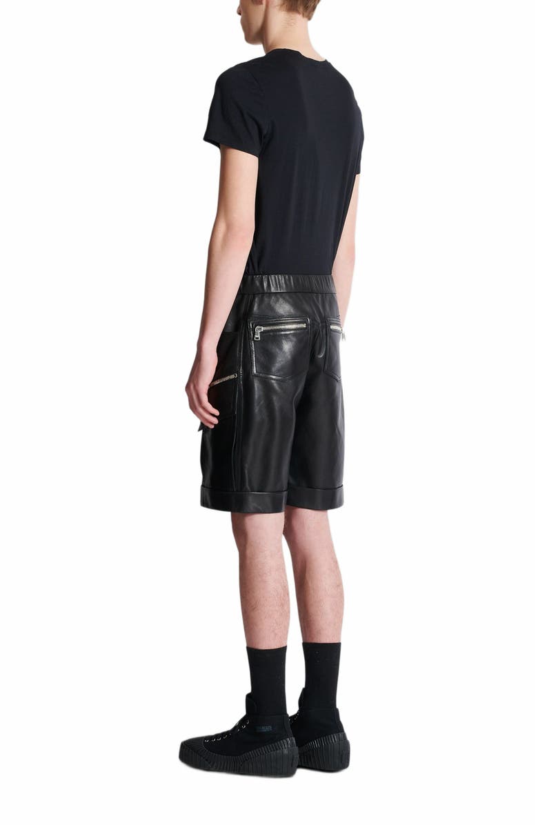 Balmain Leather Cargo Bermuda Shorts, Alternate, color, Black