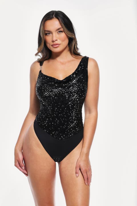 Sequin Cowl Neck Chain Detail Sculpting Bodysuit