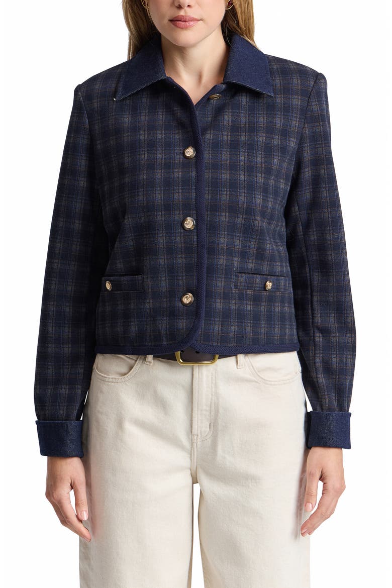 Plaid Cotton Denim Contrast Jacket, Main, color, DEEP NAVY PLAID