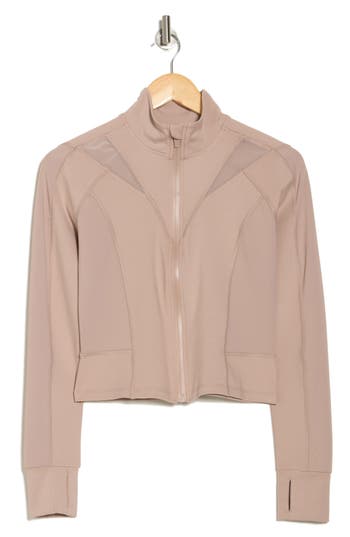 Yogalicious Lux Ascension Crop Fitted Mock Zip Jacket In Oak Brown