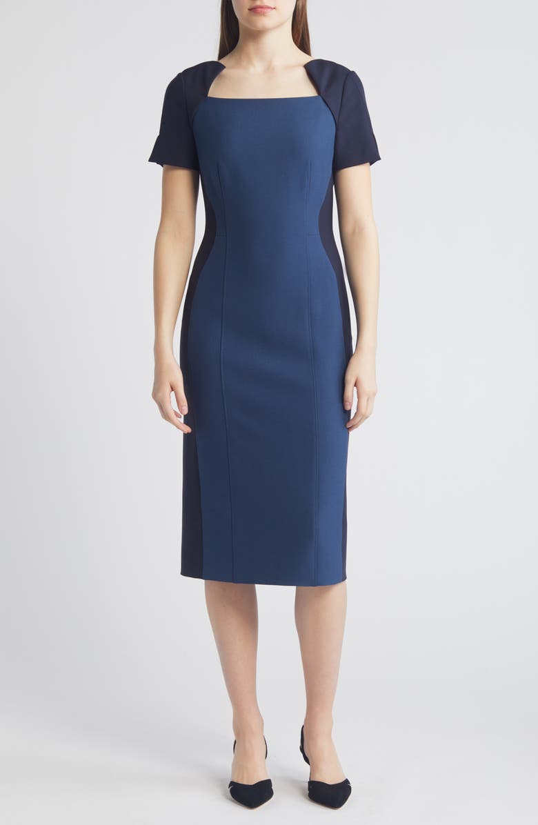 BOSS Daneria Colorblock Square Neck Sheath Dress, Main, color, Insignia Blue