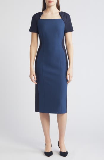 Hugo Boss Boss Daneria Colorblock Square Neck Sheath Dress In Insignia Blue