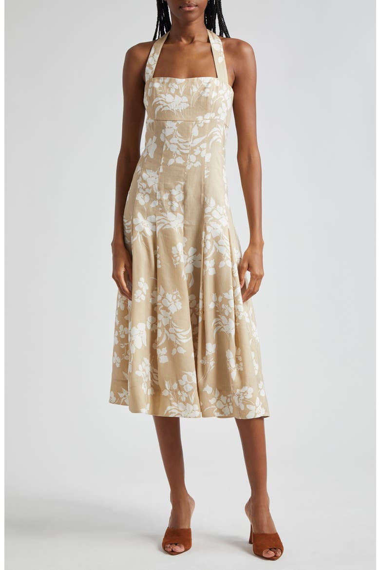 Amalia Floral Cotton Blend Halter Dress, Main, color, STONE KHAKI/ OFF WHITE