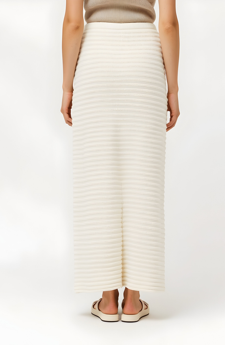 Modenaire Textured Knit Midi Skirt with Ribbed Stripe Pattern and Back Slit, Alternate, color, Off-White