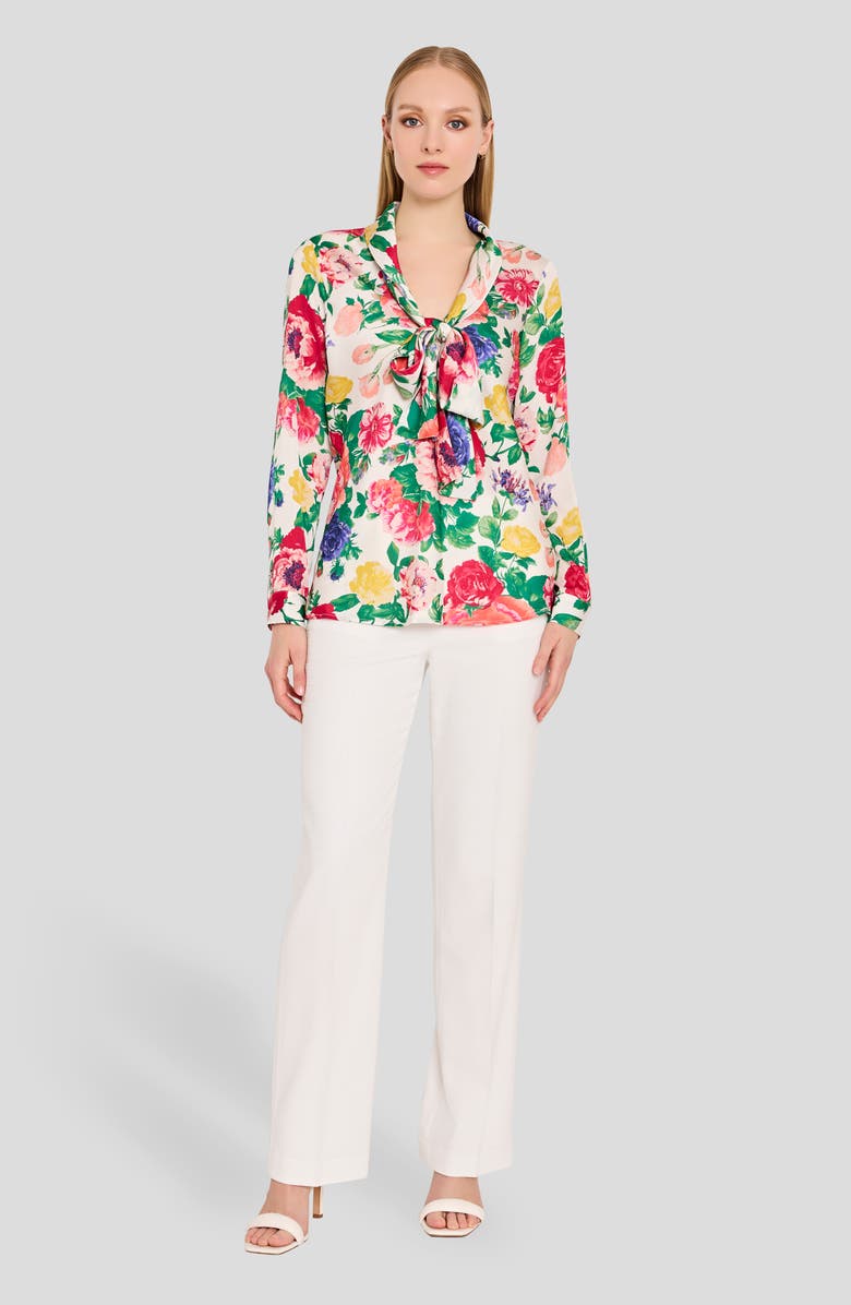 Tahari ASL Floral Print Tie Neck Top, Alternate, color, Ivory Multi