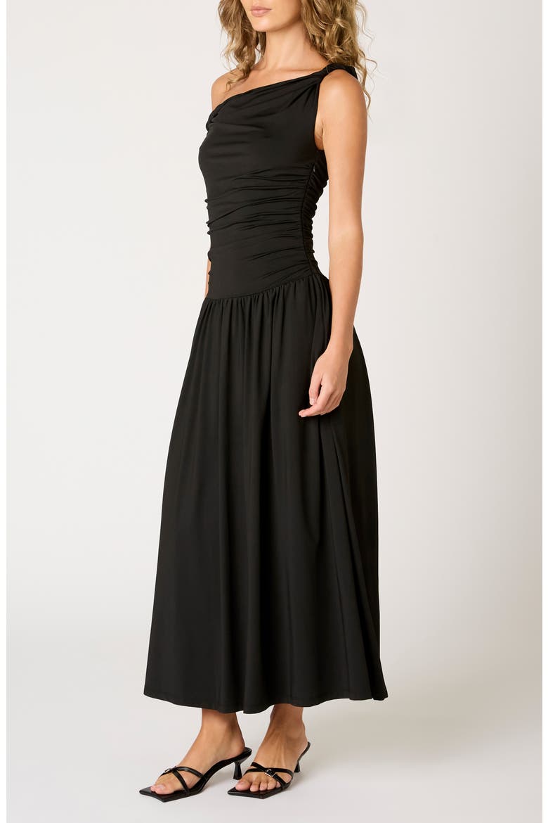 Karina Ruched One-Shoulder Maxi Dress, Alternate, color, BLACK
