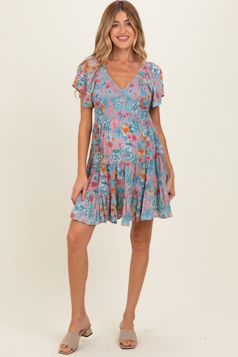 V Neck Smocked Bust Short Sleeve Short Dress, Alternate, color, Teal