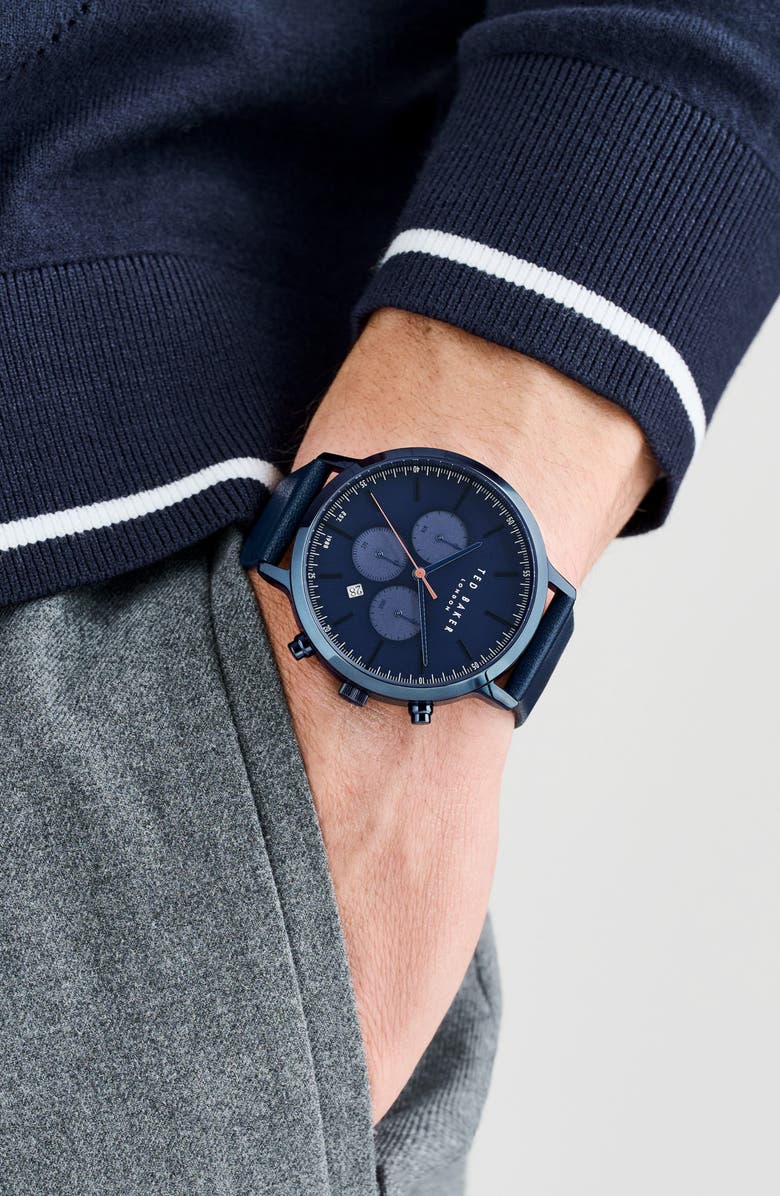 Ted Baker Haarvin Chronograph Leather Strap Watch, 44mm, Alternate, color, Blue