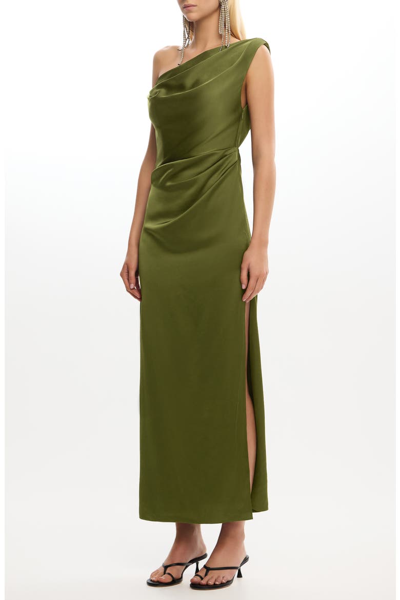 Alyssa Pleated One-Shoulder Satin Gown, Alternate, color, FERN