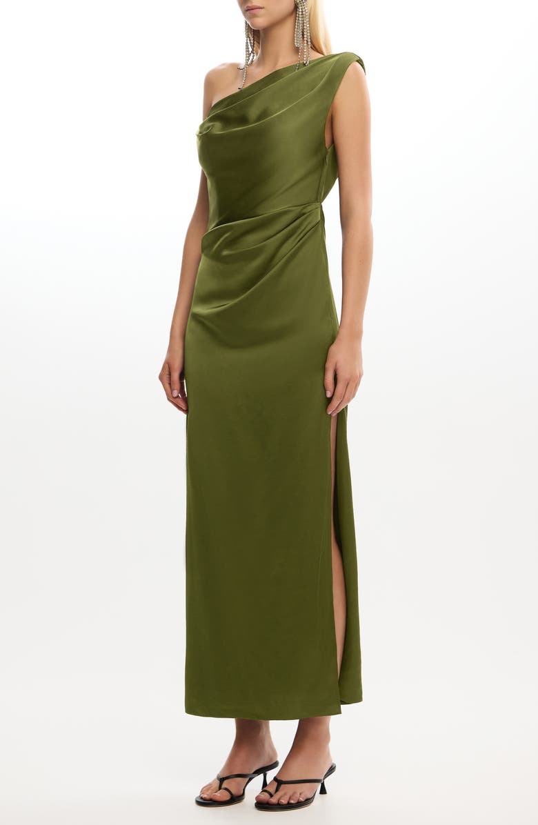Significant Other Alyssa Pleated One-Shoulder Satin Gown, Alternate, color, Fern