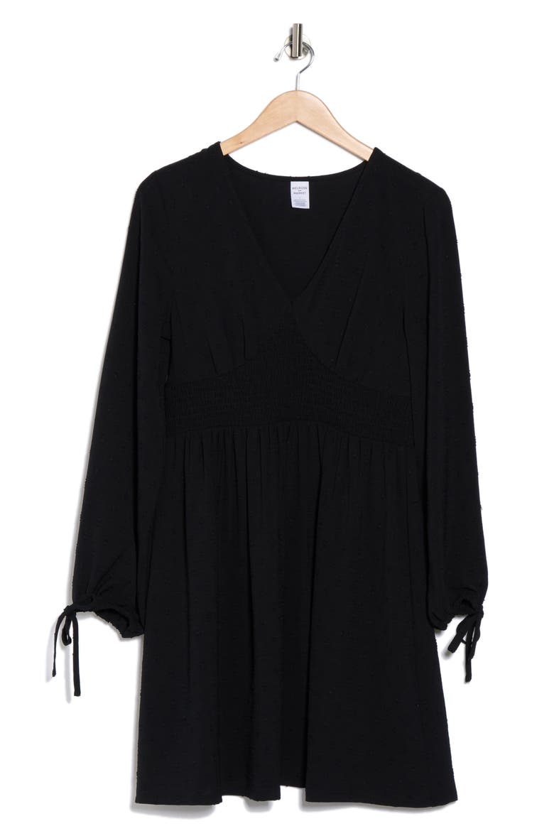 Smocked Waist Long Sleeve Minidress, Alternate, color, BLACK