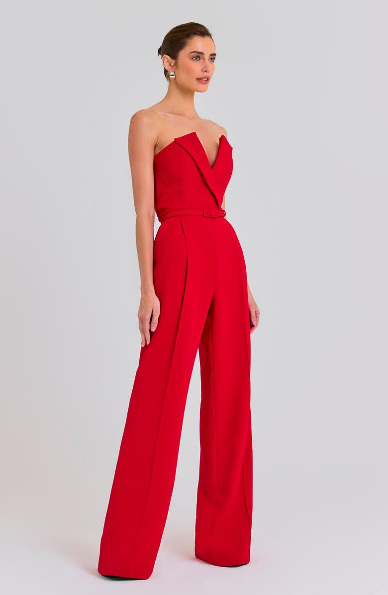 NADINE MERABI Tuxedo Belted Strapless Wide Leg Jumpsuit, Alternate, color, Red
