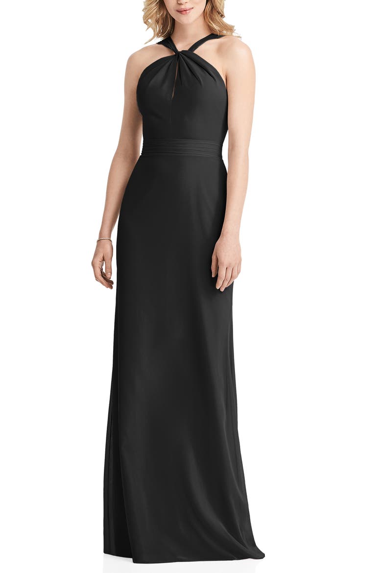 Twist Halter Neck Trumpet Gown, Main, color, BLACK