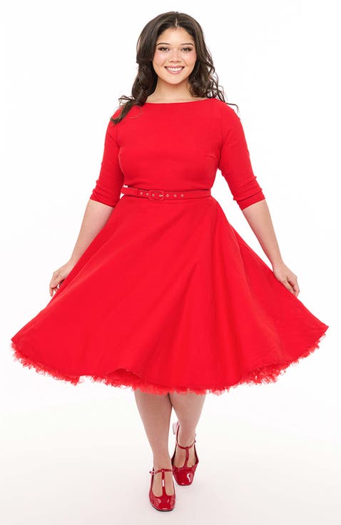 Plus Size Three Quarter Sleeve Belted Devon Swing Dress