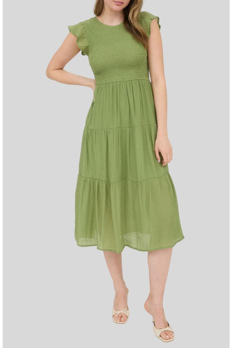 Flutter Sleeve Smocked Tiered Midi Dress, Main, color, OLIVE GREEN
