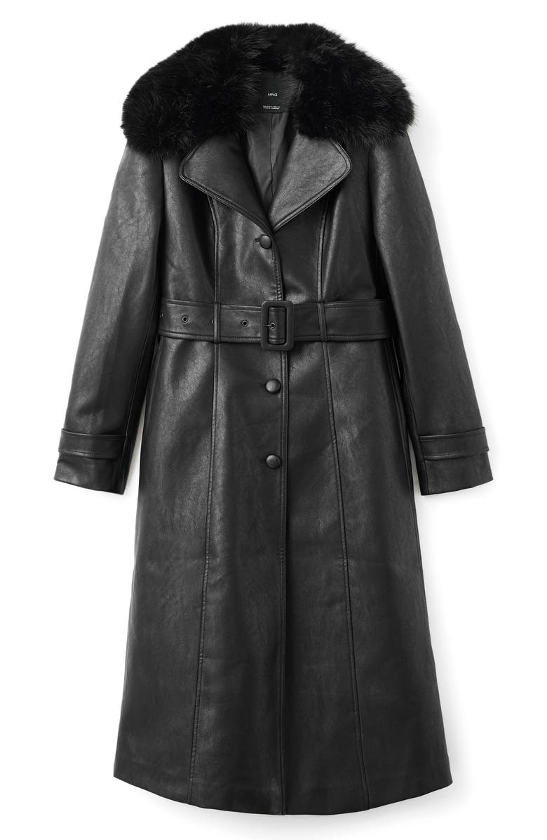 MANGO Fernanda Faux Leather Belted Coat with Removable Faux Fur Trim, Alternate, color, Black