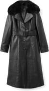 MANGO Fernanda Faux Leather Belted Coat with Removable Faux Fur Trim