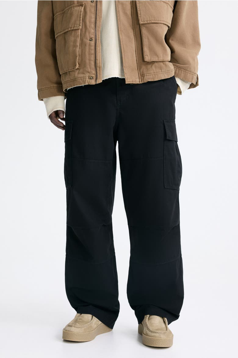 Relaxed Fit Cotton Cargo Trousers, Alternate, color, Black