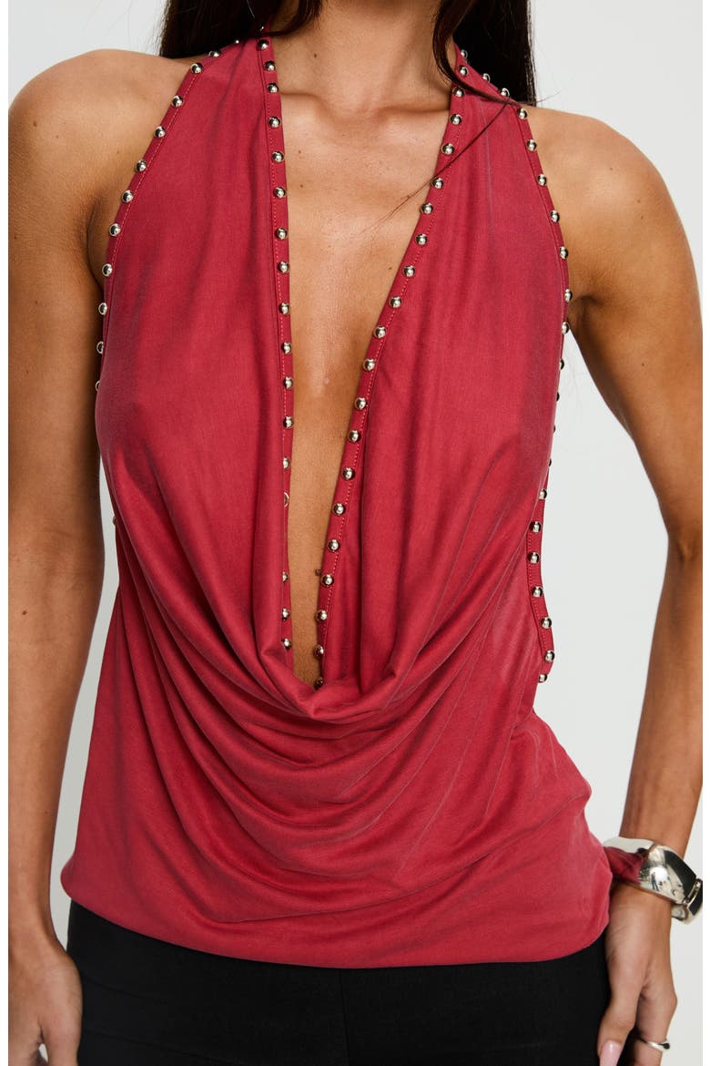 Khoda Studded Cowl Neck Open Back Top, Alternate, color, BURGUNDY