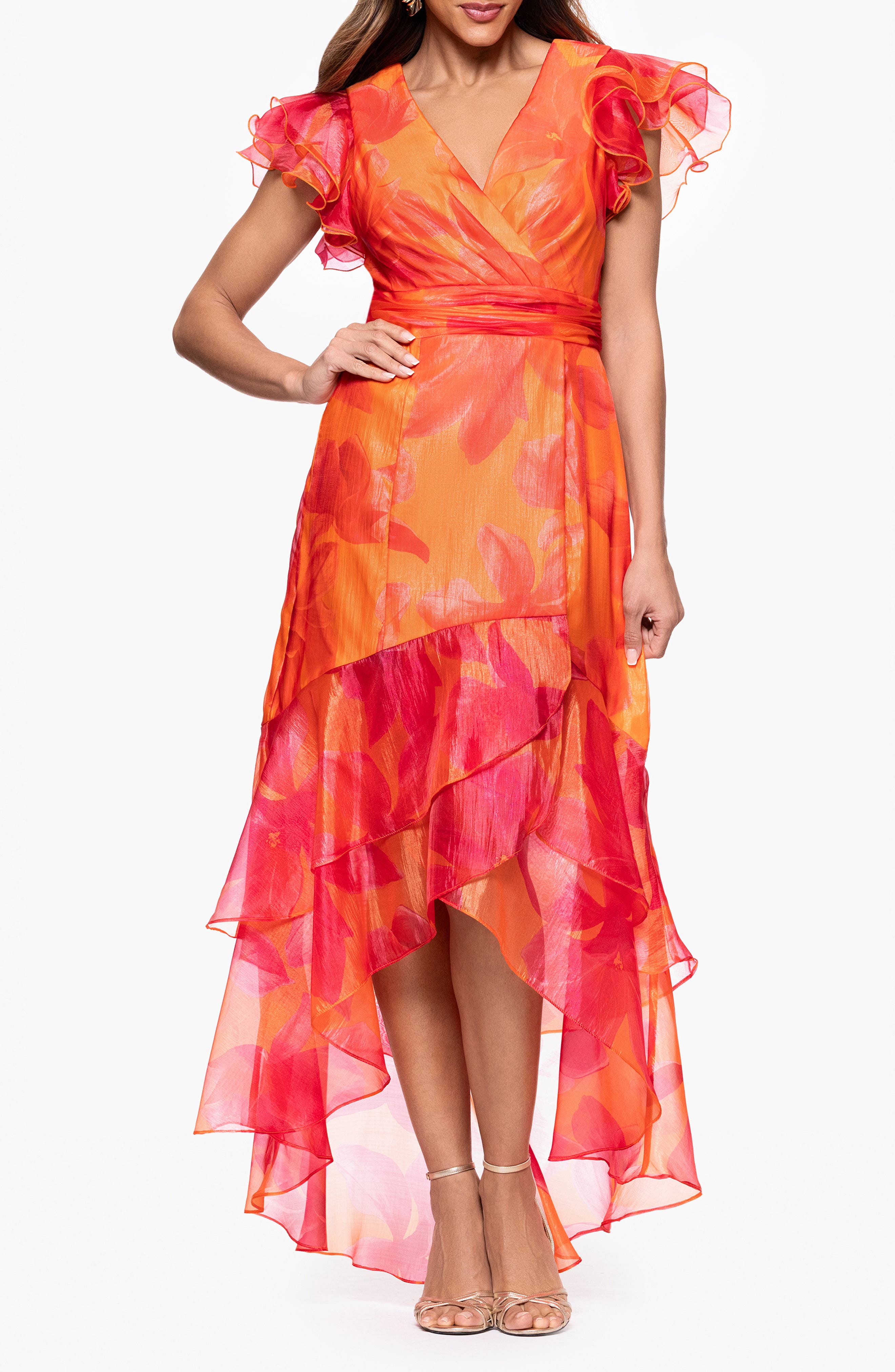 Xscape Evenings Metallic Floral High Low Gown