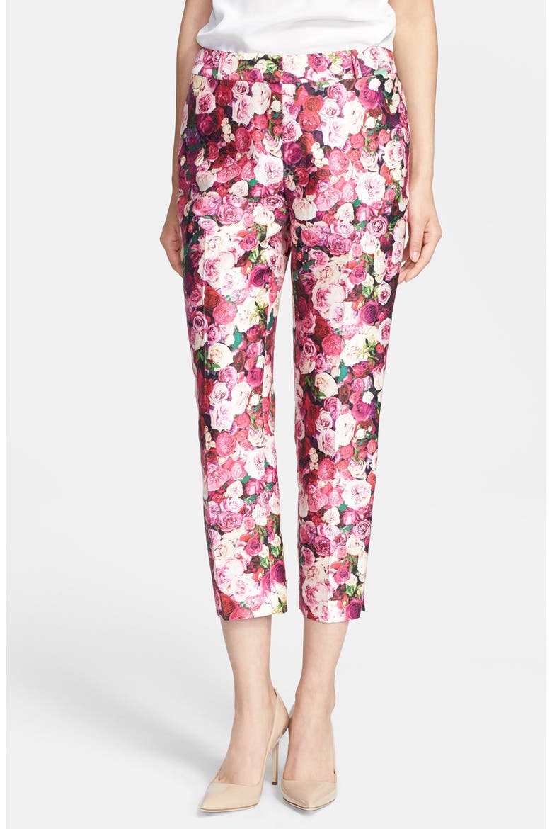 'jackie' rose print cotton & silk capri pants, Main, color, CILDRO ROSE