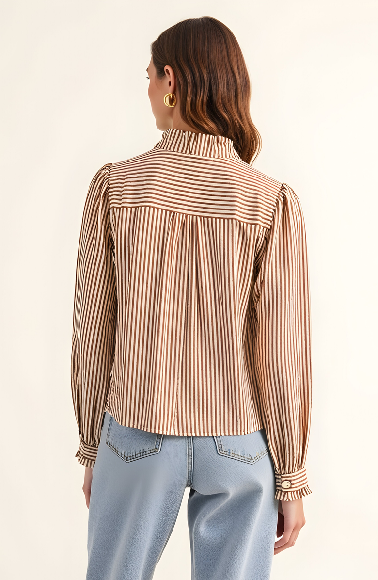 Modenaire Striped Puff Sleeve Blouse with Ruffled Trim and Covered Placket, Alternate, color, 
