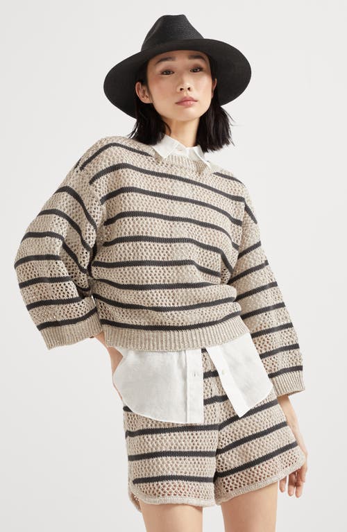 Brunello Cucinelli Micro Sequined Linen French Riveria Stripe Sweater In Light Grey
