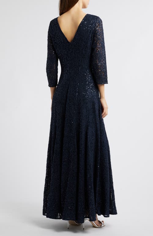 Tahari Asl Sequin Lace A-line Gown In Navy