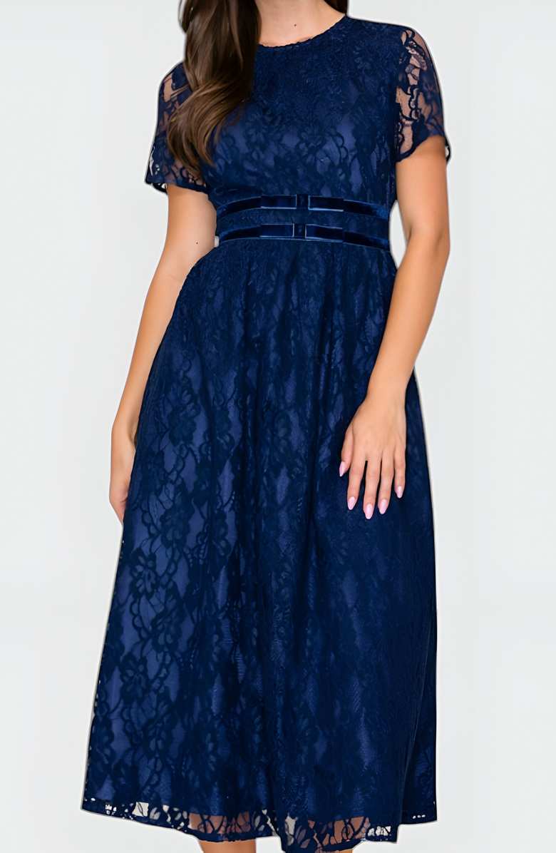 Modenaire Lace Midi Dress with Sheer Short Sleeves and Velvet Waistband Detail, Alternate, color, Navy