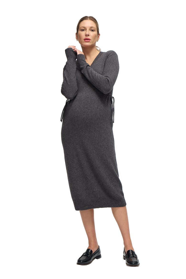 Cozy V-Neck Side Tie Sweater Midi Maternity Dress, Alternate, color, Dark Grey