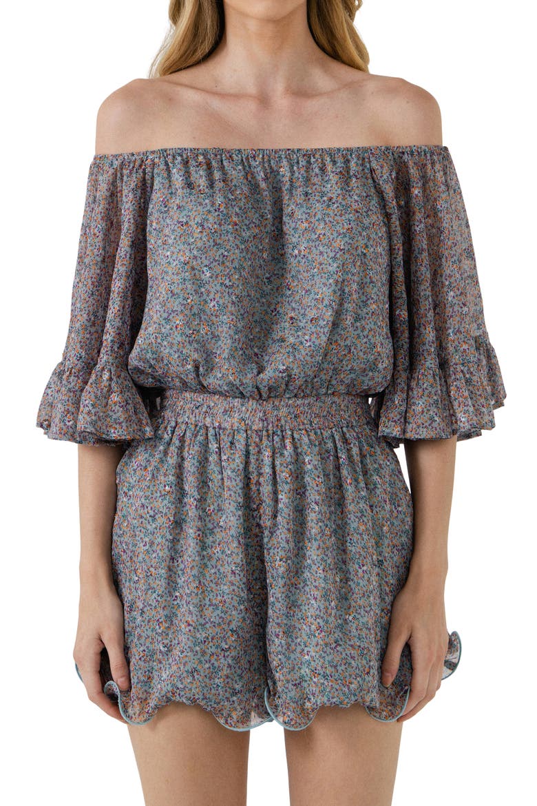 Ditsy Floral Off the Shoulder Romper, Alternate, color, BLUE