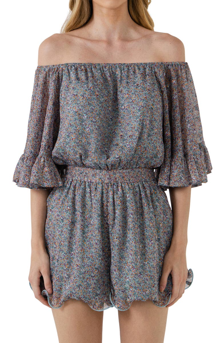 Endless Rose Ditsy Floral Off the Shoulder Romper, Alternate, color, Blue