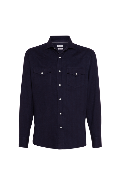 Brunello Cucinelli Stretch Cotton Chevron Flannel Easy Fit Western Shirt In Blue