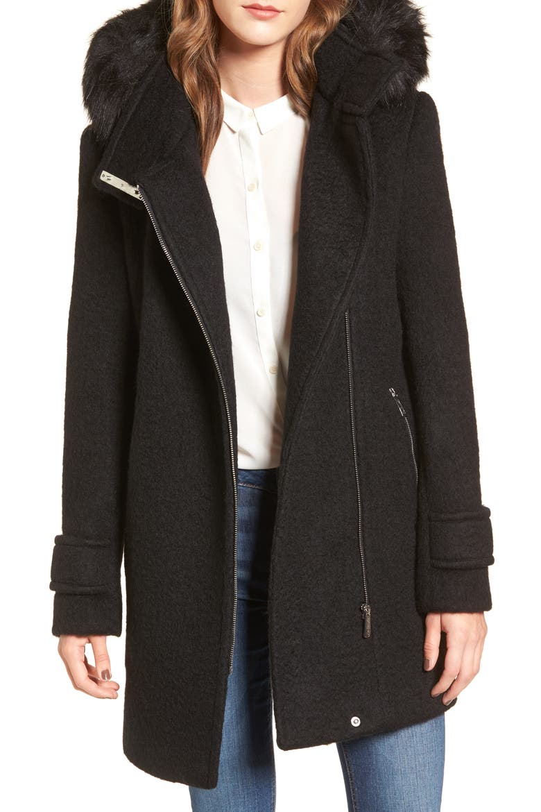 Hooded Wool Blend Jacket with Faux Fur Trim, Main, color, BLACK