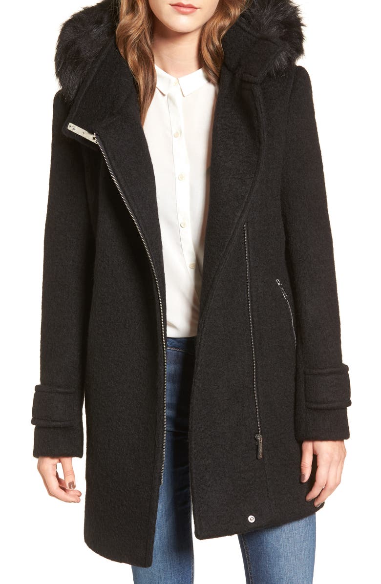 Calvin Klein Hooded Wool Blend Jacket with Faux Fur Trim, Main, color,