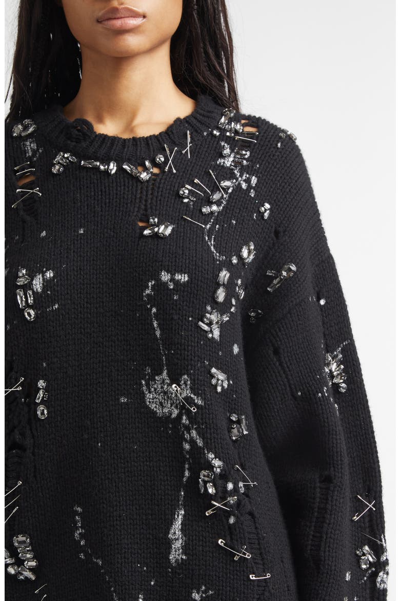 Oversize Safety Pin Embellished Merino Wool Sweater, Alternate, color, BLACK WITH CRYSTALS AND PINS