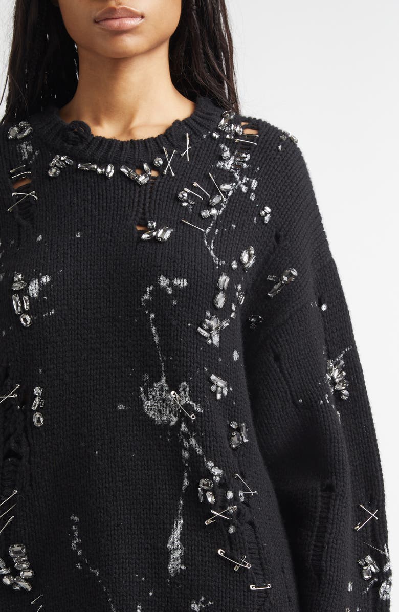 R13 Oversize Safety Pin Embellished Merino Wool Sweater, Alternate, color, Black With Crystals And Pins
