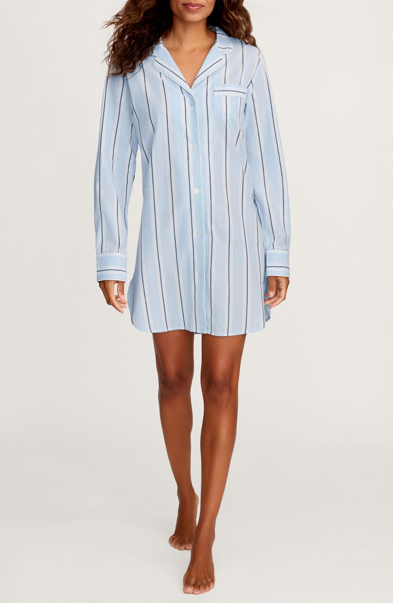 Petite Plume Coastal Stripe Cotton Twill Nightshirt, Main, color, Blue