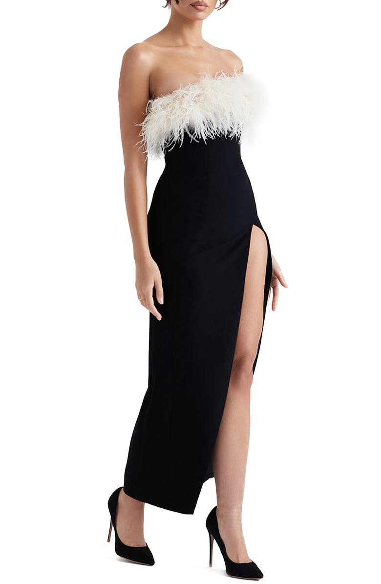 HOUSE OF CB Sarai Feather Trim Stretch Crepe Cocktail Dress, Alternate, color, Black