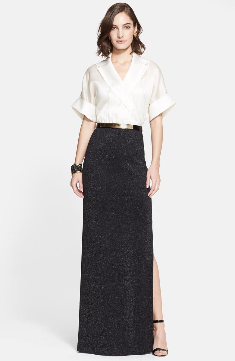 St. John Collection Liquid Satin & Shimmer Milano Knit Faux Wrap Gown, Main, color, 