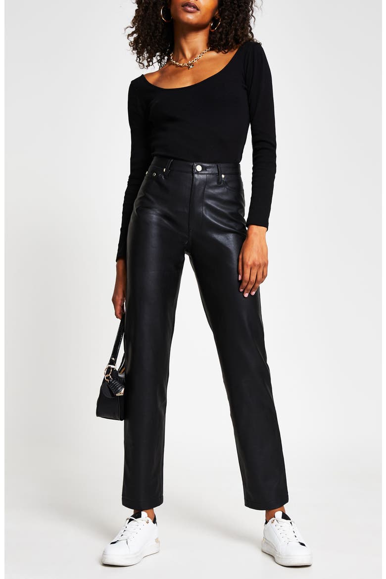 Faux Leather Fitted Straight Leg Trousers, Alternate, color, BLACK
