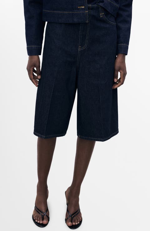 Wide Leg Denim Bermuda Shorts (Open Blue)