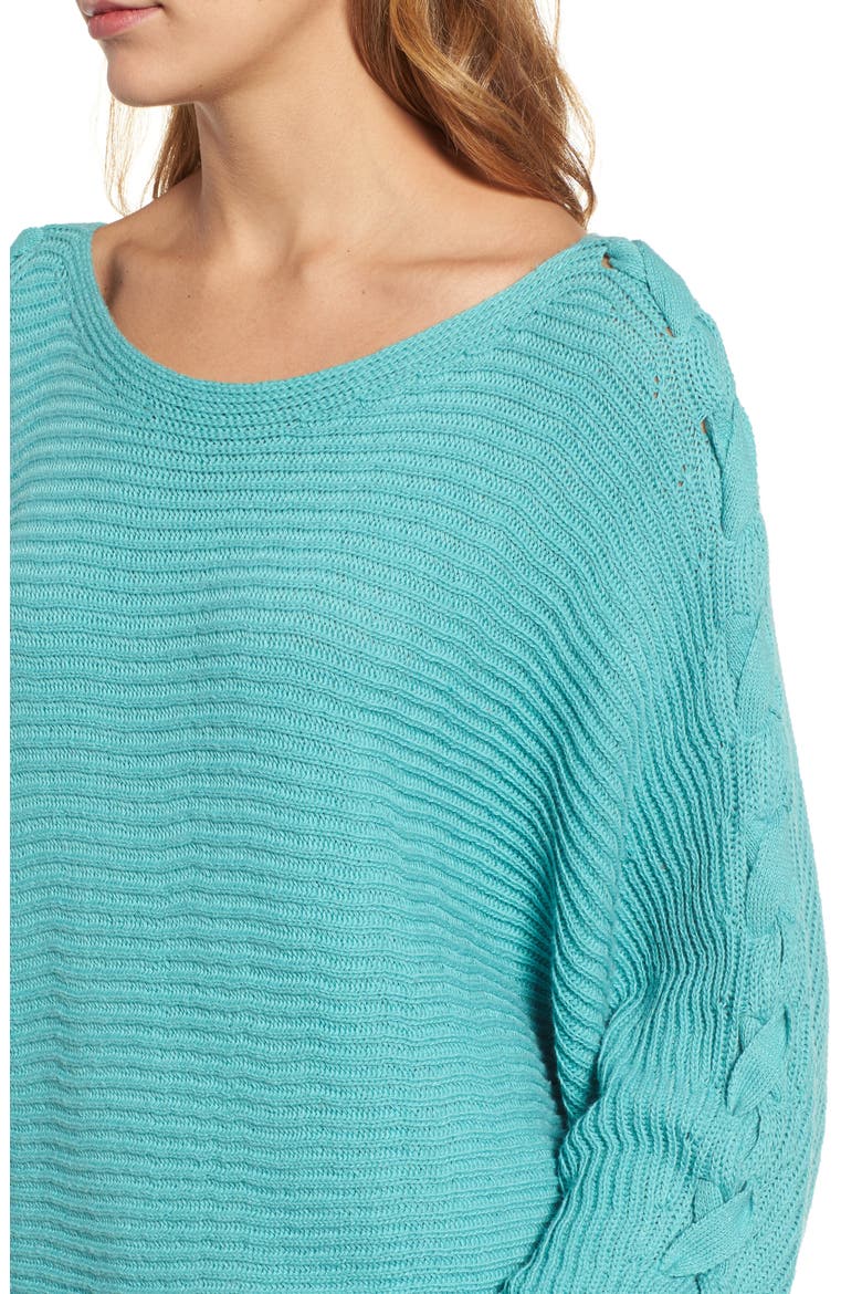 Lace-Up Sleeve Sweater, Alternate, color, GREEN AGATE
