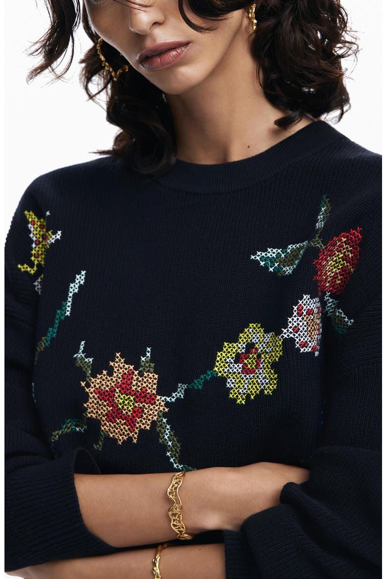 Cross-Stitch Embroidered Cotton Sweater, Alternate, color, BLACK