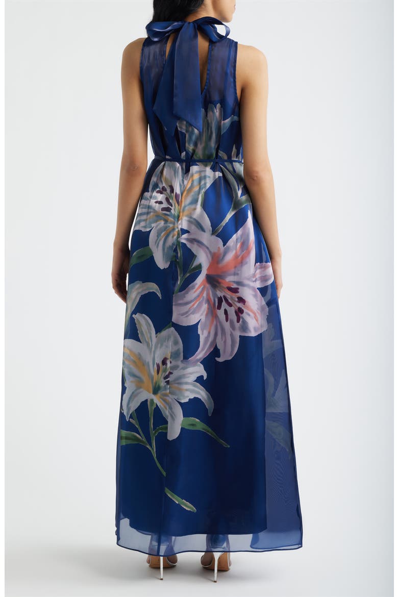 Printed Tie Neck Organza Cocktail Dress, Alternate, color, NAVY MULTI