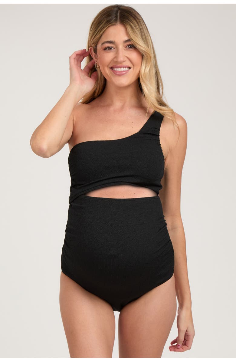 PinkBlush Asymmetrical One Shoulder Side Cutout One-Piece Maternity Swimsuit, Main, color, Black