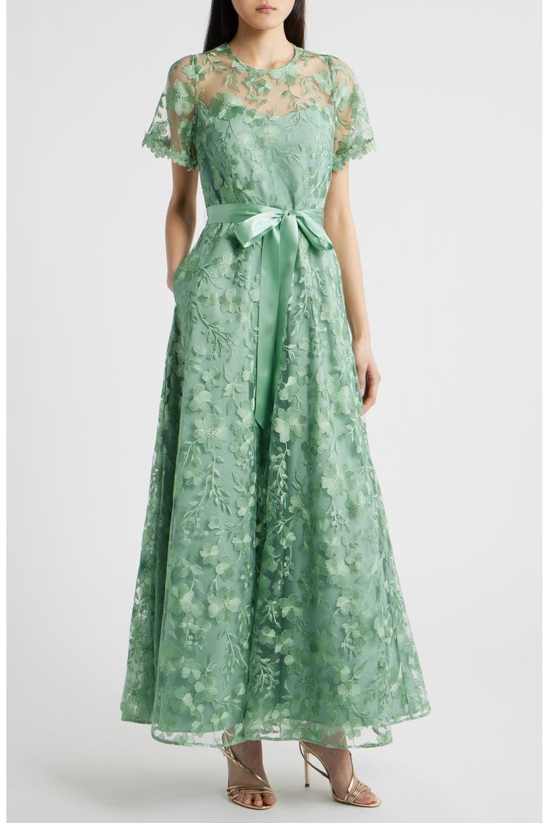 Floral Embroidery Short Sleeve Gown, Main, color, SAGE